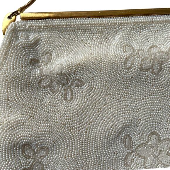 Vintage 1950s Handmade Beaded Bag White Floral Gold Hardware Bridal Wedding EUC - Picture 4 of 16